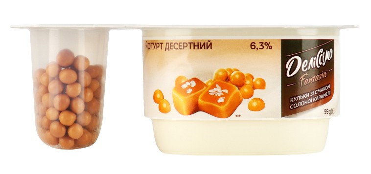 Йогурт Деліссімо Fantasia десертний із хрусткими кульками зі смаком солоної карамелі 6.3% 99г
